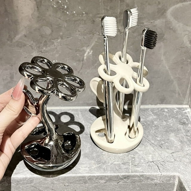 Fiudx Portacepillos de Dientes con Forma de Flor, Estante Multifuncional de Cerámica, Diseño Compacto, Práctico para Guardar Objetos Pequeños, Ideal para Baño, Cocina y Dormitorio, Fácil de Limpiar,