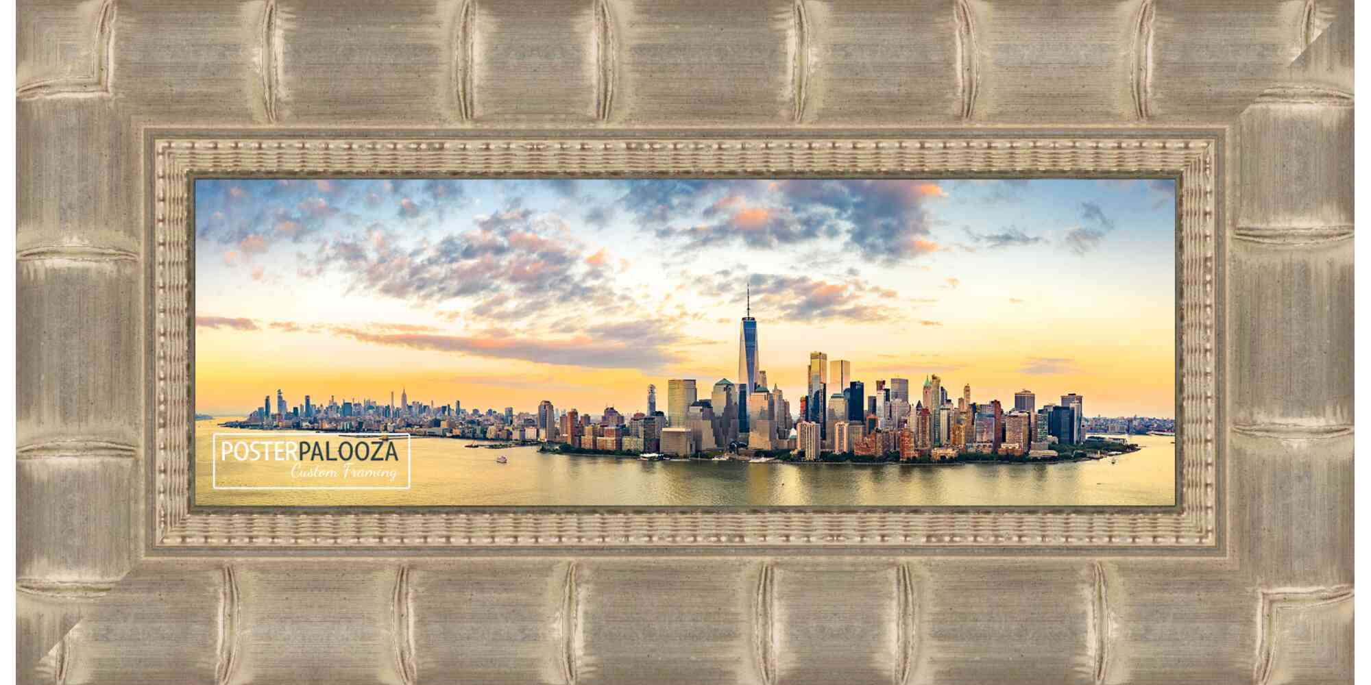 14x40 Silver Wide Bamboo Picture Frame - UV Acrylic, Foam Board Backing, Hanging Hardware