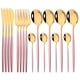 thumbnail image 2 of Vajilla de oro rosa de 16 Uds., juego de vajilla con espejo, cubiertos de acero inoxidable, cuchillo de cocina, tenedor, cuchara, juego de cubiertos para restaurante y boda, 2 of 5