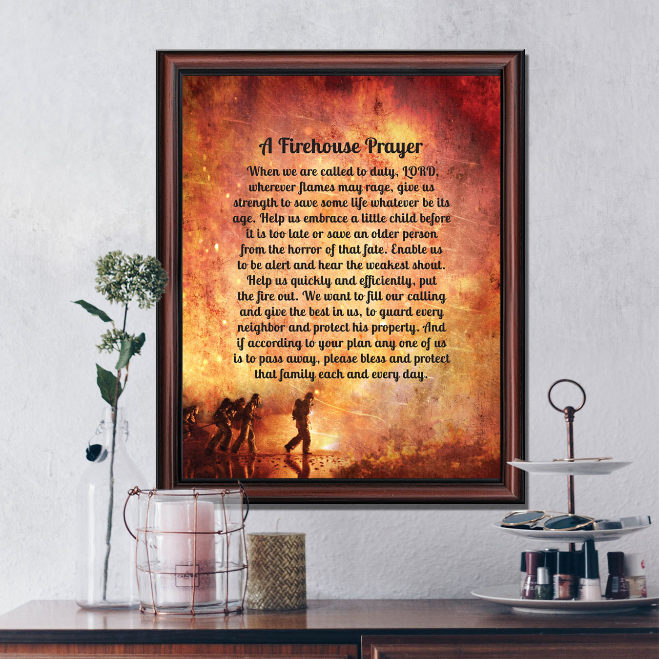 Fire Station Firefighter Gifts for Men and Women, Fire Academy Graduation Gift, Fire Fighter Gifts or Firehouse Decor, A Fireman's Prayer Framed Wall Art for Home, 2107