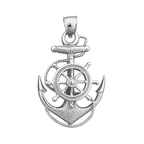 Rhodium Plated 925 Sterling Silver Sailor Rope, Ship Wheel, Anchor Pendant
