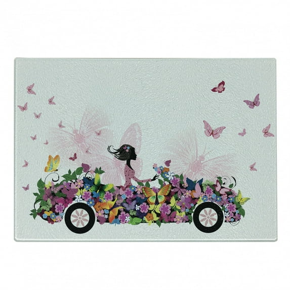 Cars Cutting Board, Woman Driving a Floral Vehicle Butterflies in the Air Female on the Road Girls Theme, Decorative Tempered Glass Cutting and Serving Board, Small Size, Multicolor, by Ambesonne