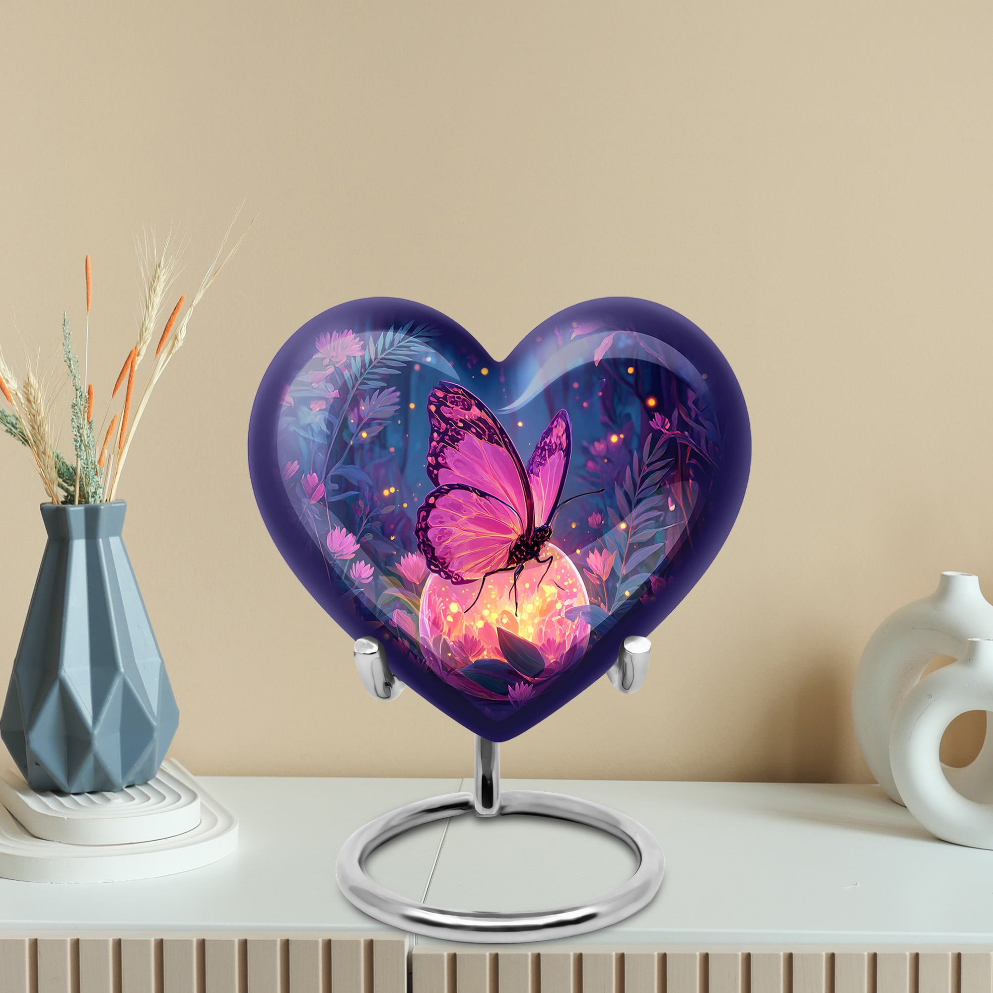 MUKTIVE Purple Butterfly Keepsake Heart Urn for Ashes for Men & Women, Purple Flower Cremation Urns for Human Ashes, Handcrafted Gift for Loss of Family, 3 Inch Small Blue Cremains Ash Holder
