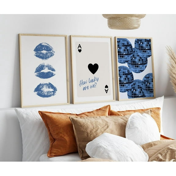 Luvia Navy Blue Trendy Gallery Wall Set Art Prints Wall Set Of 3 Kiss Lips Dorm College Prints Blue Yk2 Prints, Modern Wall Decor Set 3 Prints 8x12 UNFRAMED