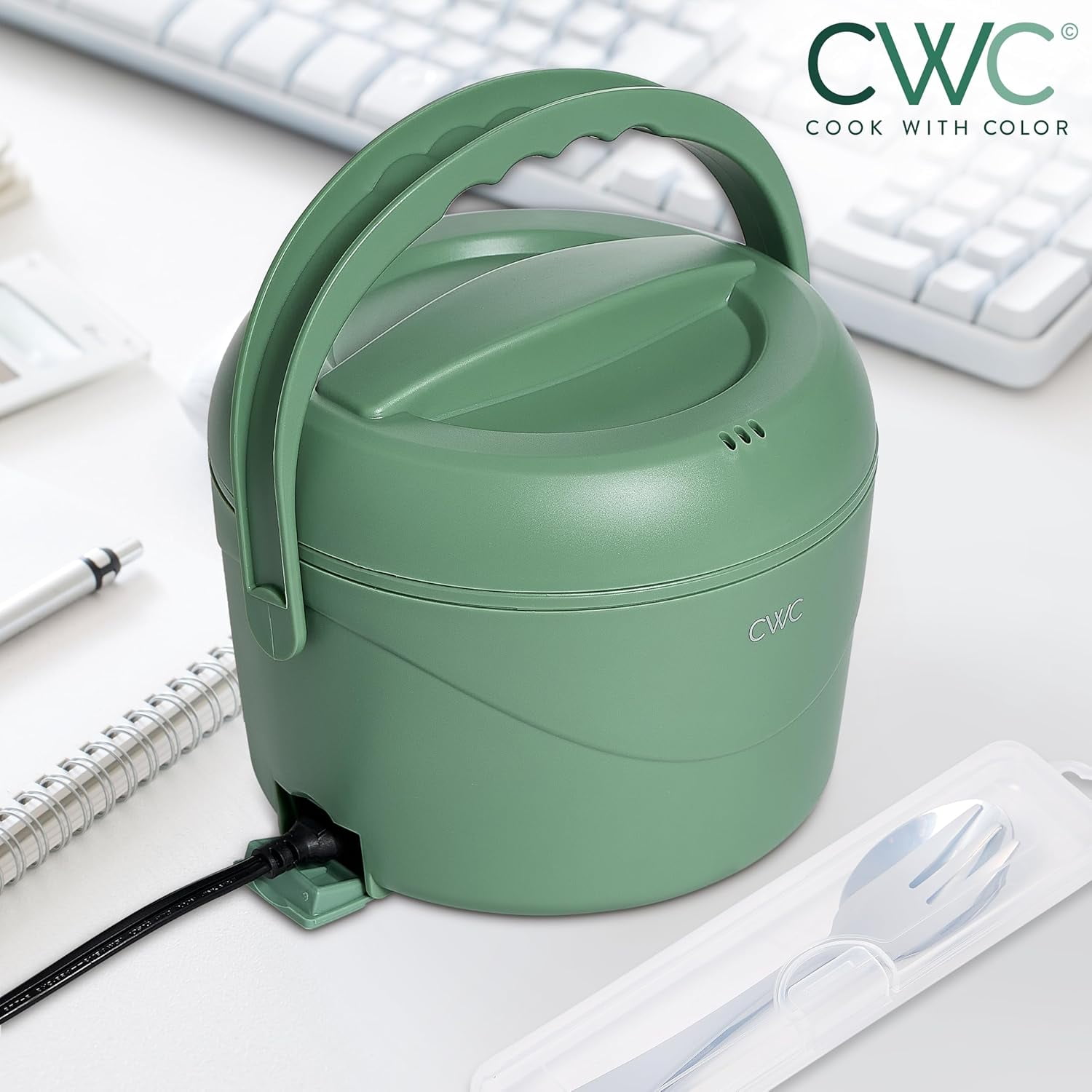 Cook With Color Heated Lunch Box Electric Food Warmer, Round 1.1L Portable Bento Box for Adults, Sage