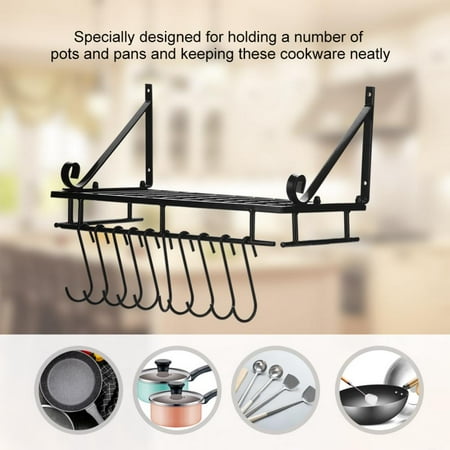Metal Hanging Pan Pot Rack Wall Mounted With 10 Hook Holders