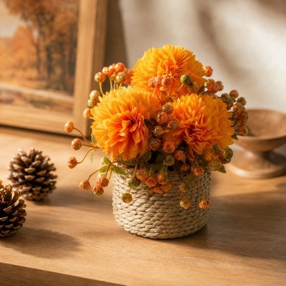 Artificial Fall Mum Floral Arrangement With Woven Basket, Harvest Berry Potted Flower Decor For Thanksgiving Home Display