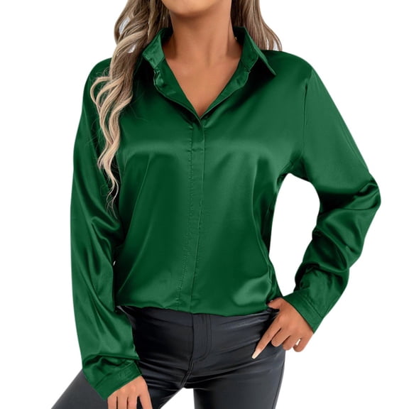 Women'S Clothing, Womens Shirts, Stylish Women's V Neck Satin Blouse Long Sleeve Casual Shirt for Everyday Spring Fall Elegant Basic Outfit