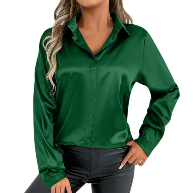 Vestido blusa de satén con cuello en V para mujer tallas grandes - Top túnica informal de manga larga - Conjunto de color liso para primavera y otoño - Tallas S-XL