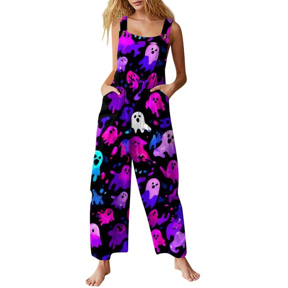 Women's Halloween Jumpsuits Candy Ghost Halter Backless Horror Overalls Skull Castle Sleeveless Spooky Rompers, 2XL