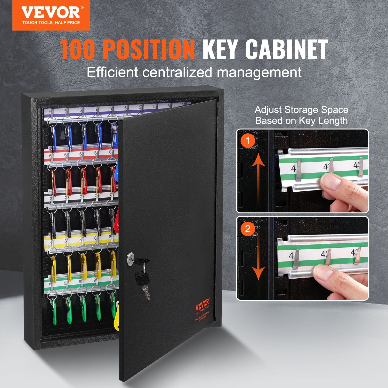 HCY 100-Key Cabinet, Key Lock Box with Adjustable Racks, Security Key Storage Box Steel, Key Organizer with 100 Colorful Key Tags and 2 Record Cards for School, Office, Hotel