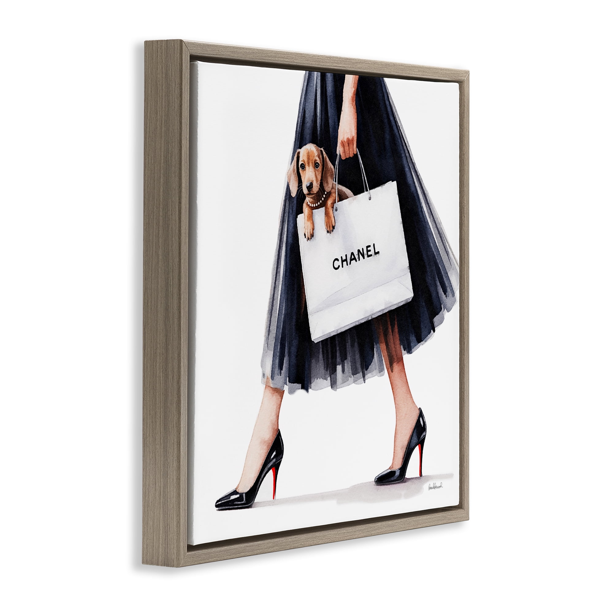 Stupell Industries Elegant Dog & Shopping Bag Brown Framed Floater Canvas Wall Art, design by Amanda Greenwood