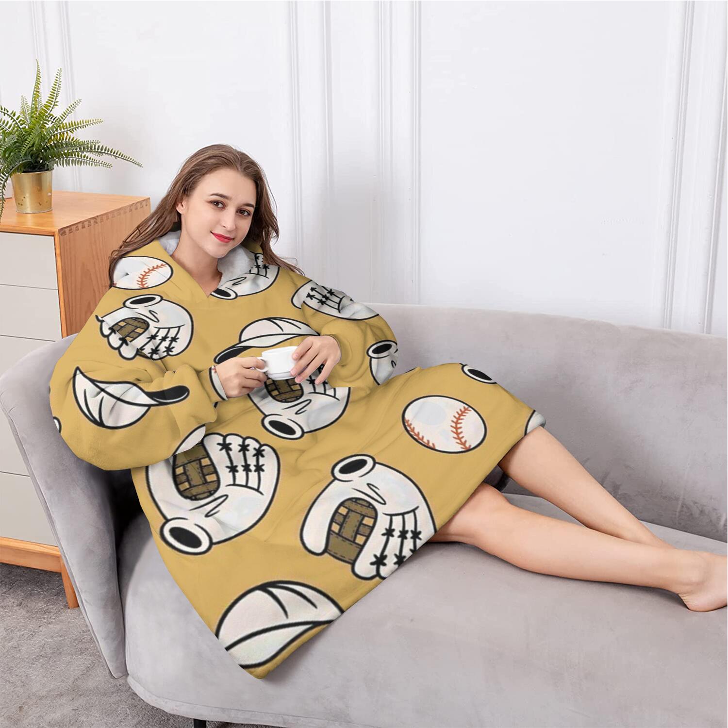 Oversized Wearable Blanket Hoodie,Yellow Baseball Items Pattern Sherpa Blanket Hoodie with Super Pockets,Super Warm Fuzzy Pullover for Women & Men
