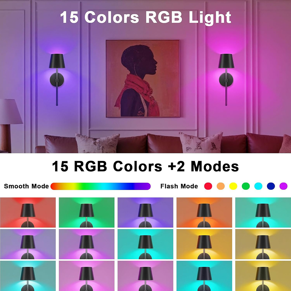 XMZHOU 2Pcs 3 Color Temperatures & 15 RGB Color Remote Control Rechargeable Wall Lamp Lighting Mural Living Room Bedroom Hallway Wireless Night Light Indoor Wall Sconces, Black