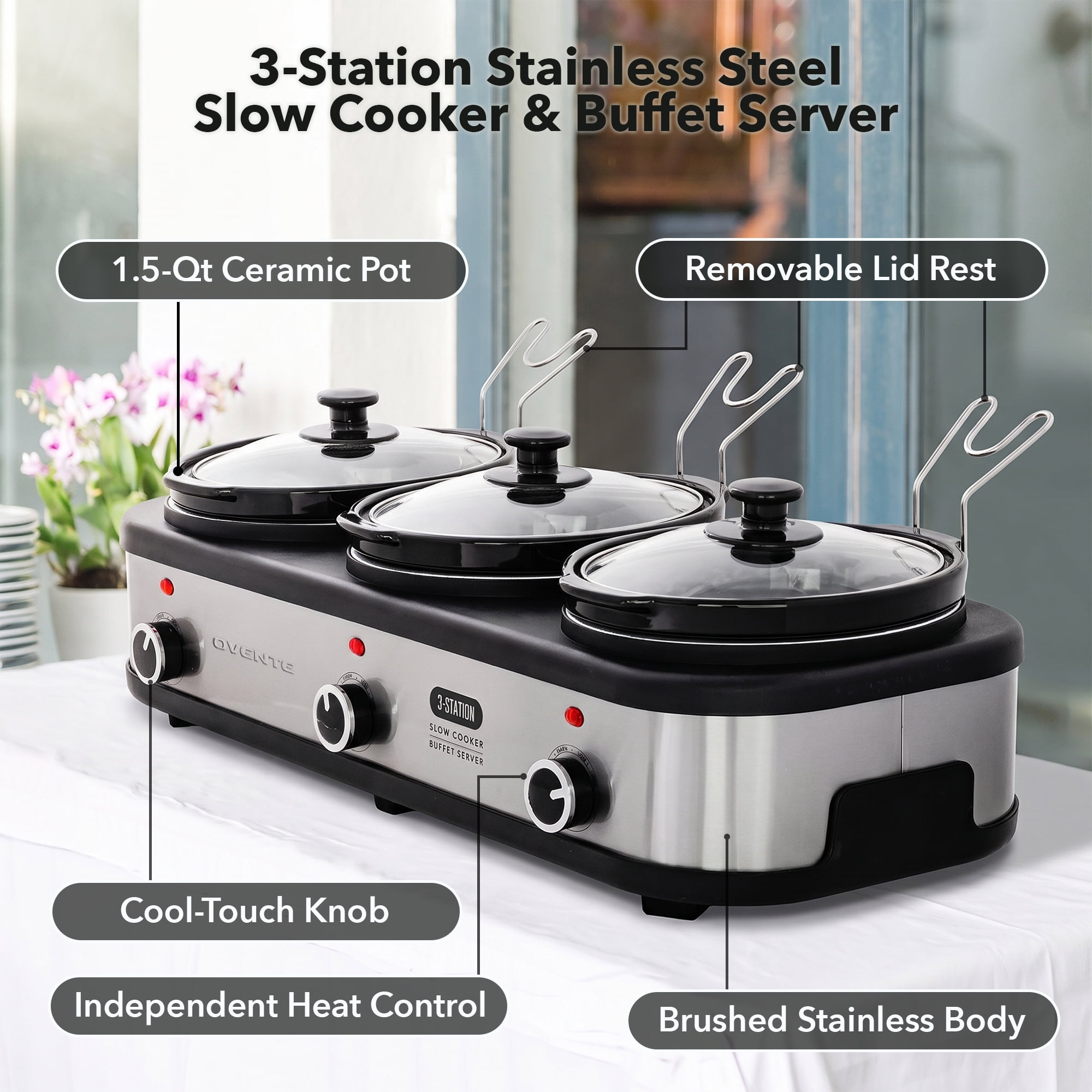OVENTE Electric Triple Slow Cooker, 4.5Qt Buffet Server, Silver SLO315CBR | 300W Three 1.5Qt Pots, Adjustable Heat Settings, Easy to Monitor & Clean, Perfect for Entertaining, Portable Buffet Server