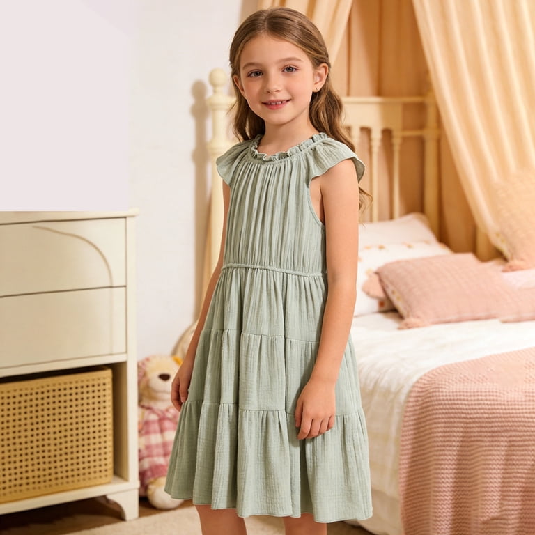 Girls Summer Dress Sleeveless Light Green Ruffle Flowy Casual Party Wear Toddler Kids Outfit Girls Leotard Dress 1st Birthday Dress Girl Dress Size 16 