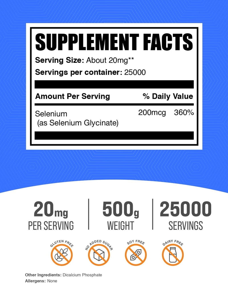 BulkSupplements Selenium Glycinate Powder, Antioxidant Support, 500g, 25000 Servings