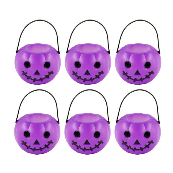 Set of 6 Purple Plastic Pumpkin Buckets, Large Halloween Trick or Treat Pails with Handles, Devil Smile Candy Holders for Halloween Party Favors, Decor, and Supplies