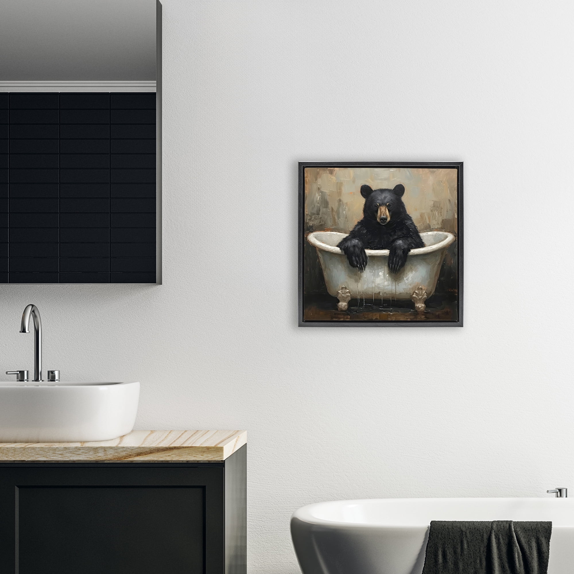 Stupell Industries Black Bear Bath Time Black Framed Floater Canvas Wall Art, design by Tina LeCour