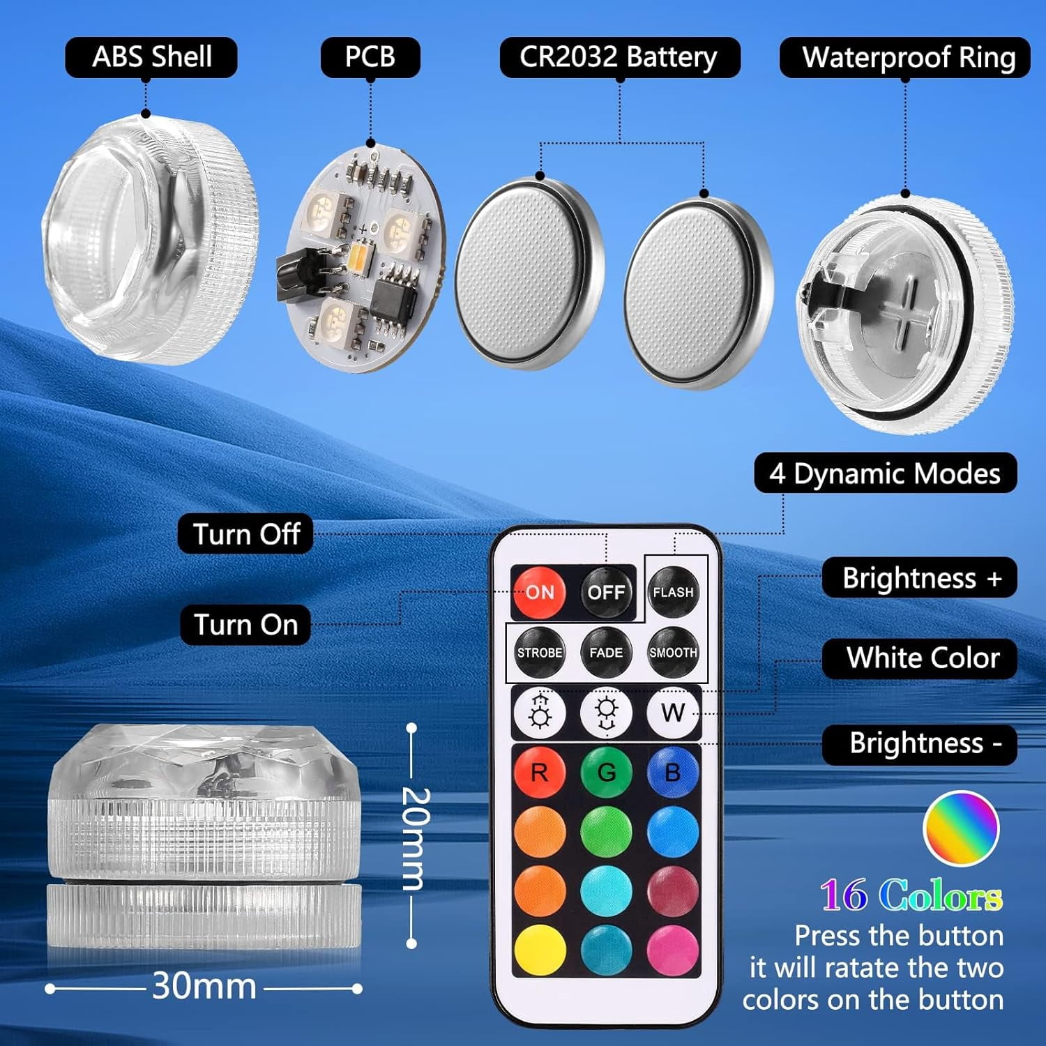 12 Pack Mini Submersible LED Lights with Remote,1.18 in Multicolor LED Tea Lights,Battery Operated Remote Control Tea Lights for Pool Pond Decoration