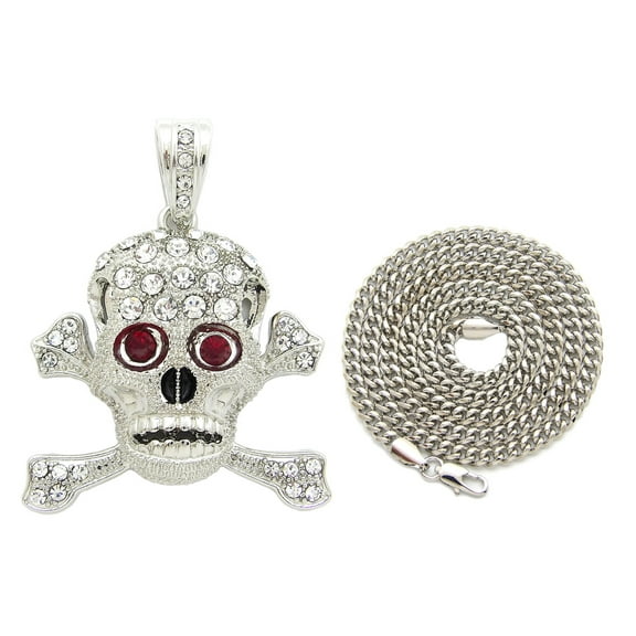Stone Stud Hazardous Scared Skull Pendant with 4mm 30" Cuban Chain Necklace in Silver-Tone