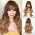 thumbnail image 1 of RightOn Long Ombre Blonde Wigs for Women Dark Brown to Blonde Wigs Long Wavy Ombre Wig with Bangs Synthetic Wigs with Wig Cap, 1 of 5