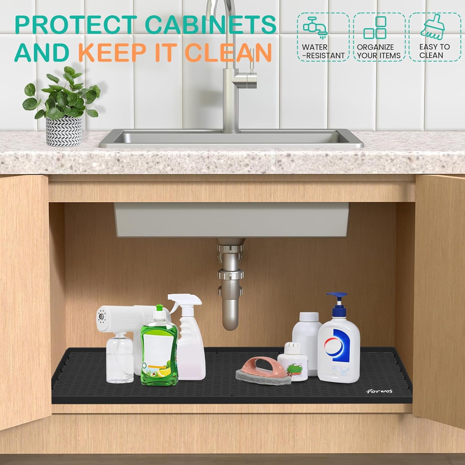 RGHJAR-Waterproof Under Sink Mat 22" x 19", Silicone Cabinet Liner, Rubber Protector for Kitchen and Bathroom, Keeps Cabinets Clean, Dry, and Organized (Black)