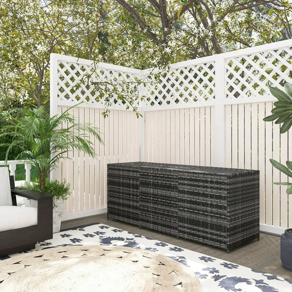 Deck Box Outsunny 175 Gallon Outdoor Storage Box with Inner Liner, PE Rattan Wicker Deck Box with Pneumatic Bar Lift for Indoor & Outdoor, Patio Furniture Cushions, Pool Toys, Garden Tools, Mixed Gra