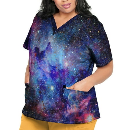 

Sksloeg Women s Scrubs Starry Printed Top Comfortable Easy Workwear V-Neck Short Sleeve Scrub Top with Pockets Dark Purple XXXL