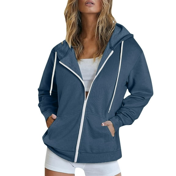Hoodies For Women Solid Zip Up Sweatshirts Heavyweight Leisure Color Long Sleeve Hooded Neck Regular Sleeves Womens Casual Zipper Coat Pocket Sweatshirt Tops Blue
