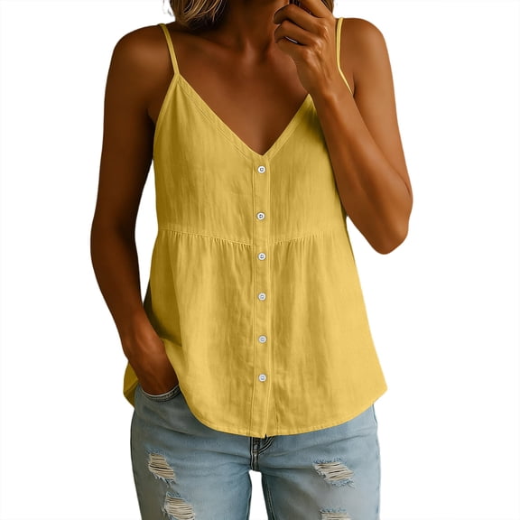BUIGTTKLOP Cotton Linen Camisole Tops for Women Summer Sleeveless Spaghetti Strap Tank Tops V Neck Loose Fitted Camis