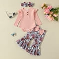 thumbnail image 2 of Odeerbi 3-12 Months Infant Girls Outfits Layette Set Rib Knit Bodysuit Floral Flared Pants with Headband Set Ruffle Tops Elastic Waist Bell Bottom Trousers Infant Girls Clothes, 2 of 9