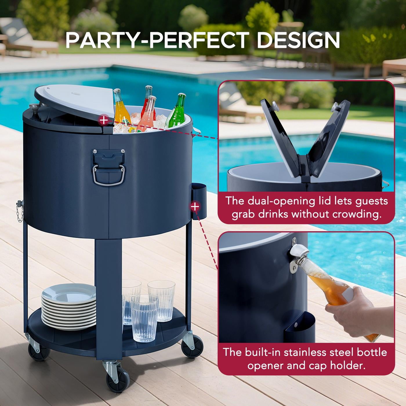 Sunjoy Outdoor Cooler Cart,60 Quart Rooling Ice Chest Cooler Cart, Portable Patio Party Bar Drink Cooler Cart, Beverage Bar with Bottle Opener and Shelf, Blue