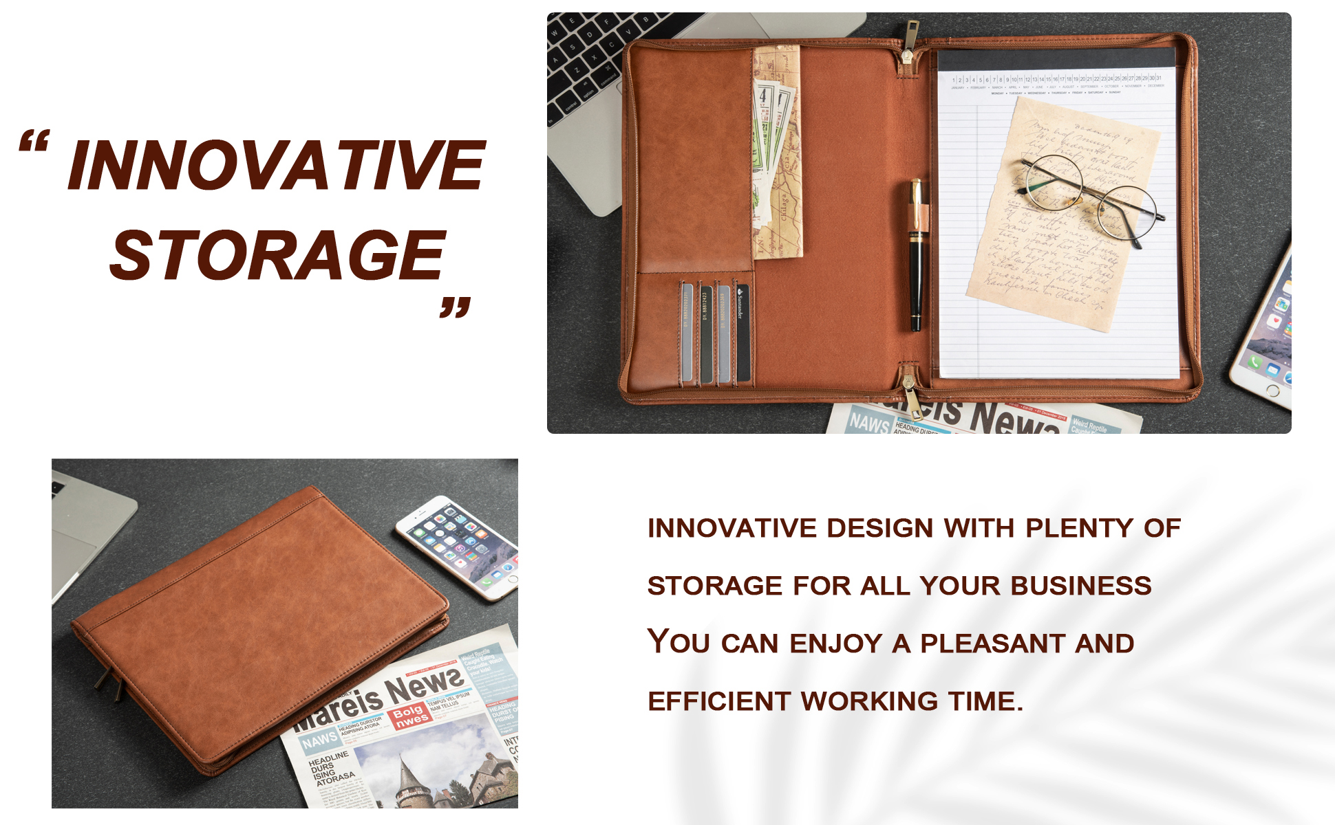 AZXCG Lightweight Slim Padfolio Folder for Women, Interview Resume Legal Document Organizer & Business Card Holder, with A4 Letter-Sized Notepad, Brown Leather Padfolio