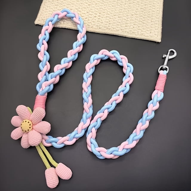 Hand Woven 4-Strand Dog Leash with Flower Charm, 120cm Anti-Pull Training Rope, Cute Colorful Cotton Blend Lead for Medium & Large Dogs