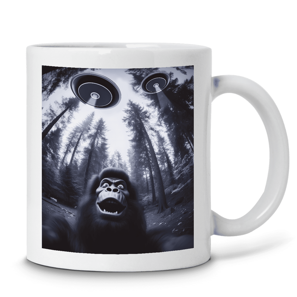 Lotusprinthandmade Funny Bigfoot Sasquatch Alien UFO White Ceramic Mug (15oz) (Made In US), Humorous Bigfoot and Alien Coffee Cup, Quirky UFO Design Mug