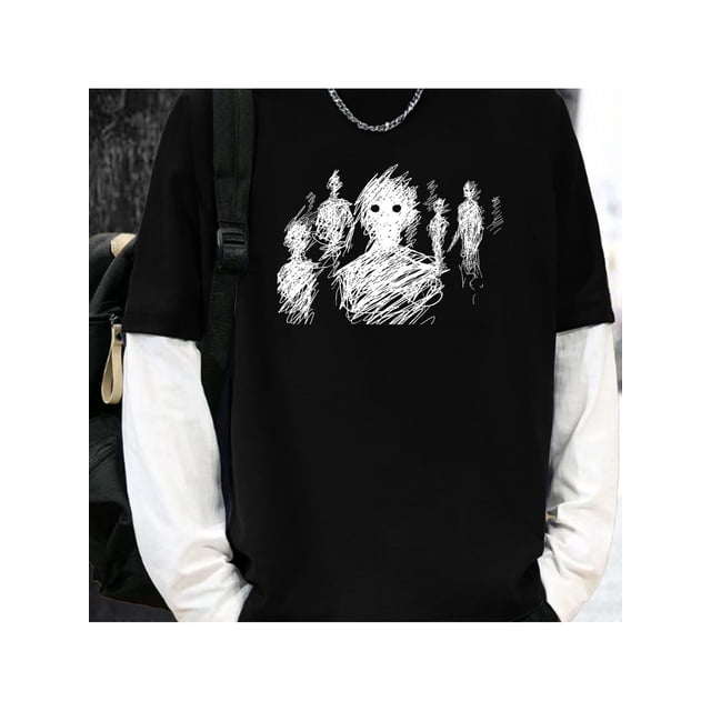 Almacén local 180G Camiseta casual de manga larga para hombre, impresión única de arte de línea, versión suelta, cuello redondo, tejido negro, lavable en máquina, abrigo cómodo, estilo casual moderno,
