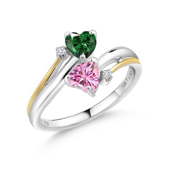 Gem Stone King 925 Silver and 10K Yellow Gold Ring Heart Shape Green Nano Emerald and Vivid Pink Moissanite (1.02 Cttw, Size 6)
