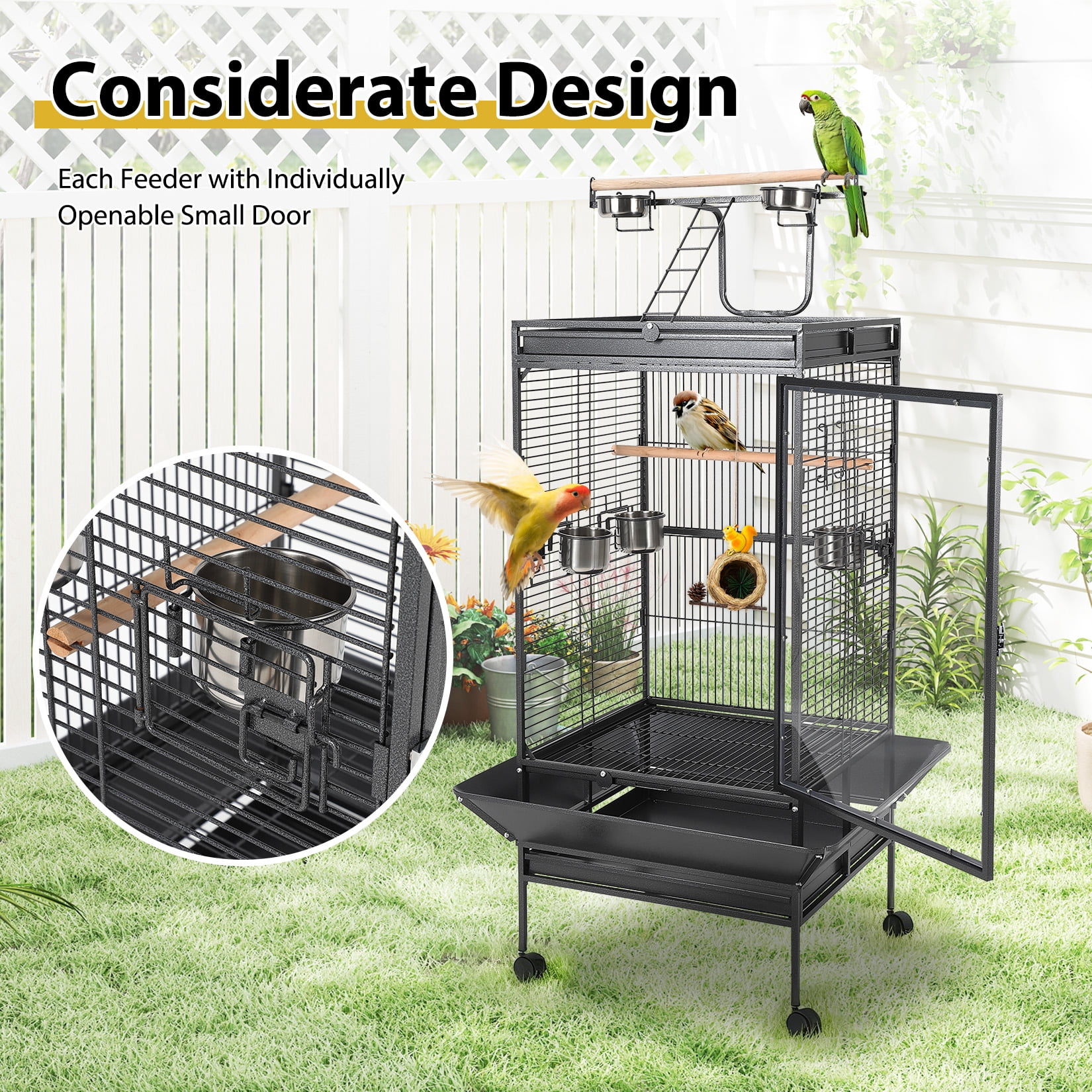 Large 65" Heavy-Duty Parrot Cage with Acrylic Door & Play Top – Perches, 4 Stainless Steel Bowls, 360° Wheels, Escape-Proof, Easy Clean, For Macaws, Cockatoos, Greys – Model SY-A08A