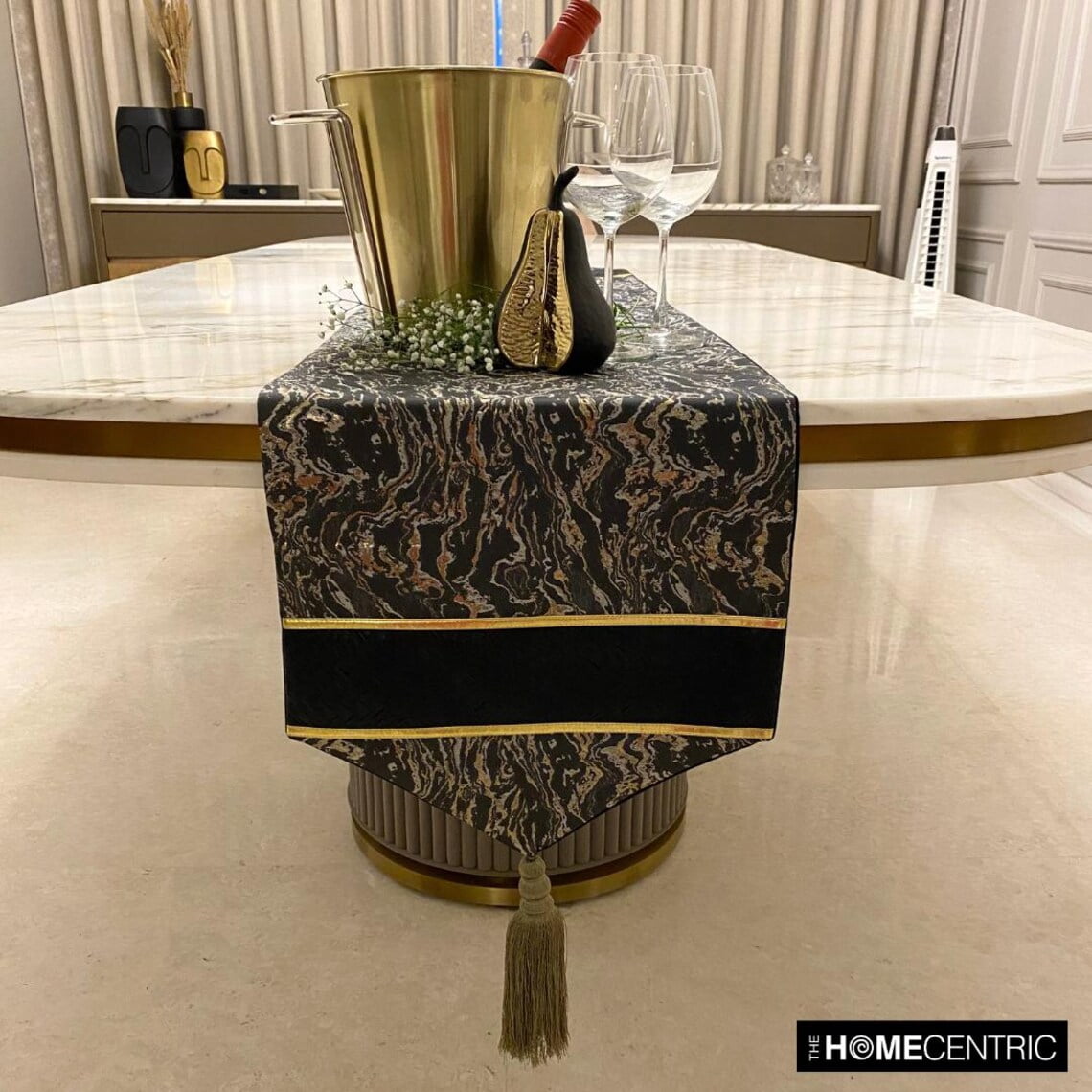 Decorative Black Table Runner 4 Seater Table Runner (14 x 48 inch), Tassles & Marble pattern Table Runner, Leather fabric Table Linen, Abstract Halloween Decorations - Leather Runway