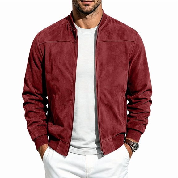 Rvwovn Men's Faux Suede Bomber Jacket Full Zip Stand Collar Casual Fall Winter Outerwear with Pockets