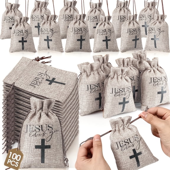 100Pcs Christian Burlap Drawstring Gift Bags with Cross Design, “Jesus Loves You” Faith Favor Bags for Communion Church Events, Religious Party Supplies for Candy Jewelry and Small Gifts