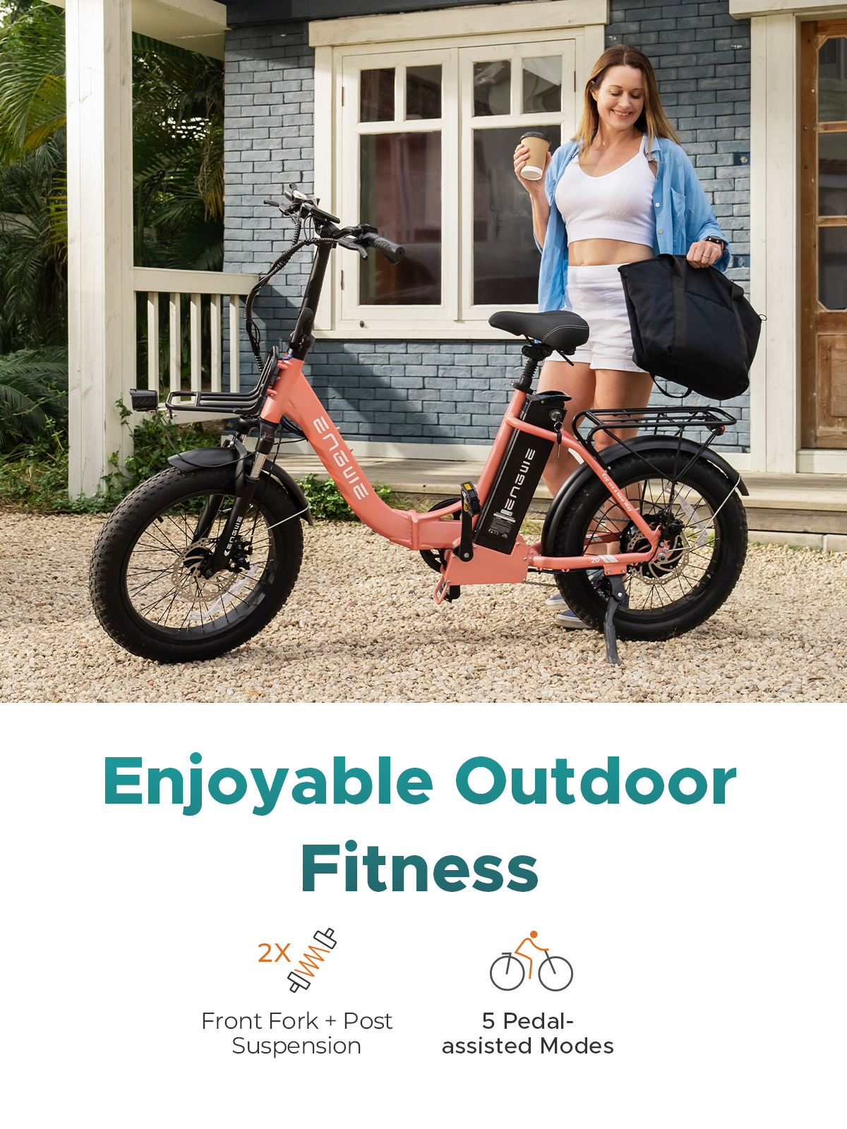 ENGWE 750W Folding Electric Bike for Adults Women, 20*3.0" Fat Tire Step-Thru Ebike 28MPH 75N.m Torque Urban Commuter, 52V13Ah 68Miles Long Range E-Bike 7-Speed Gear-L20 2.0 Pink(No Front Basket)