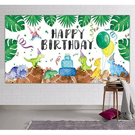 Image of Large Watercolor Dinosaur Happy Birthday Banner Kids Dinosaur Birthday Party Supplies Decoration Dinosaur Themed Birthday Party Backdrop Photography Background (6.6 x 3.3 ft)