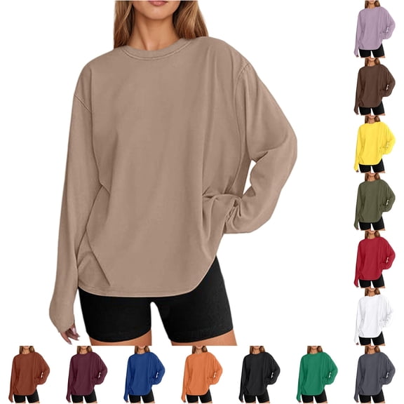 Womens Athletic Tops Fashionable Oversized Long Sleeve T Shirt Casual Basic Round Neck Fall Top For Everyday Wear Brown XS