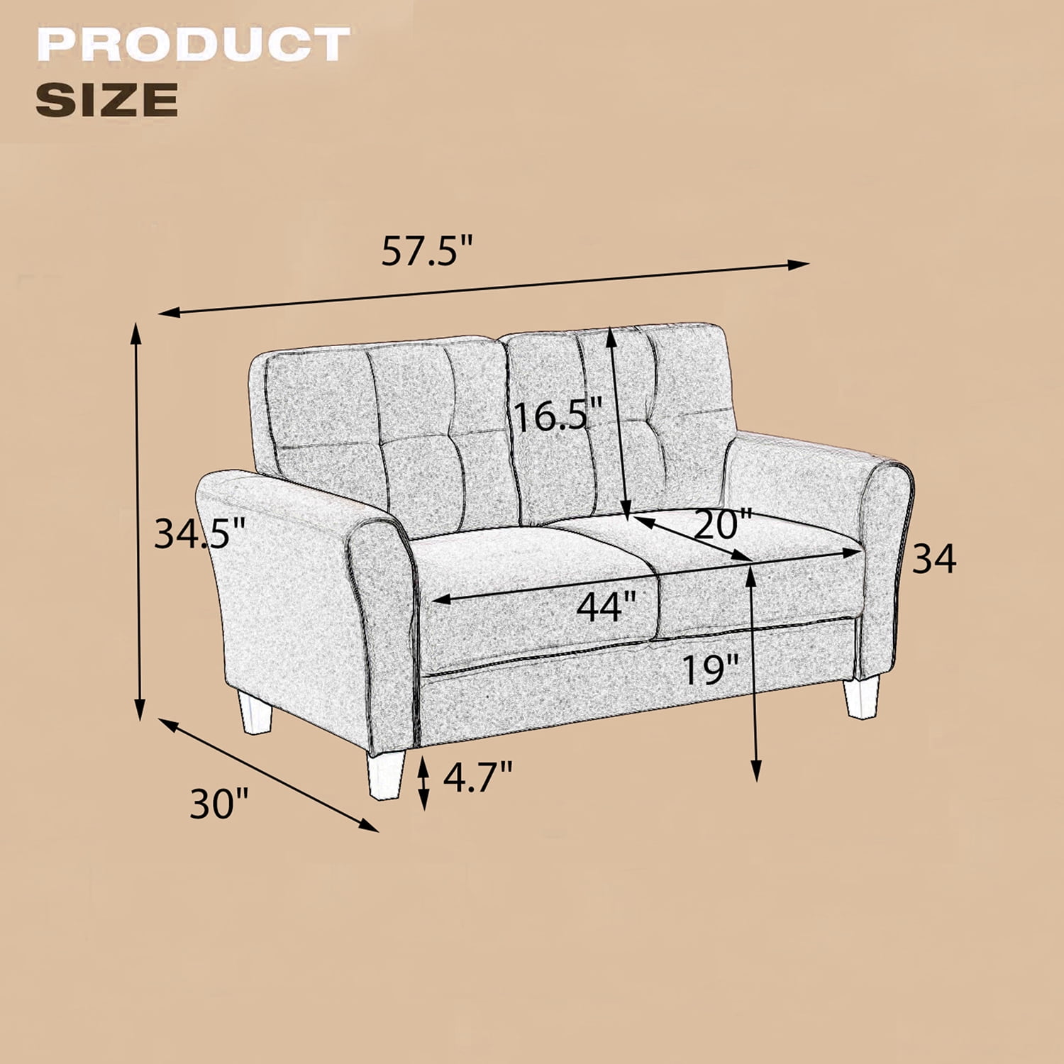 Kadyn 57.5" Modern Living Room Loveseat Sofa, Upholstered Sofa Couch for Home, Linen 2 Seater Sofa for Living Room, Light Grey-Blue