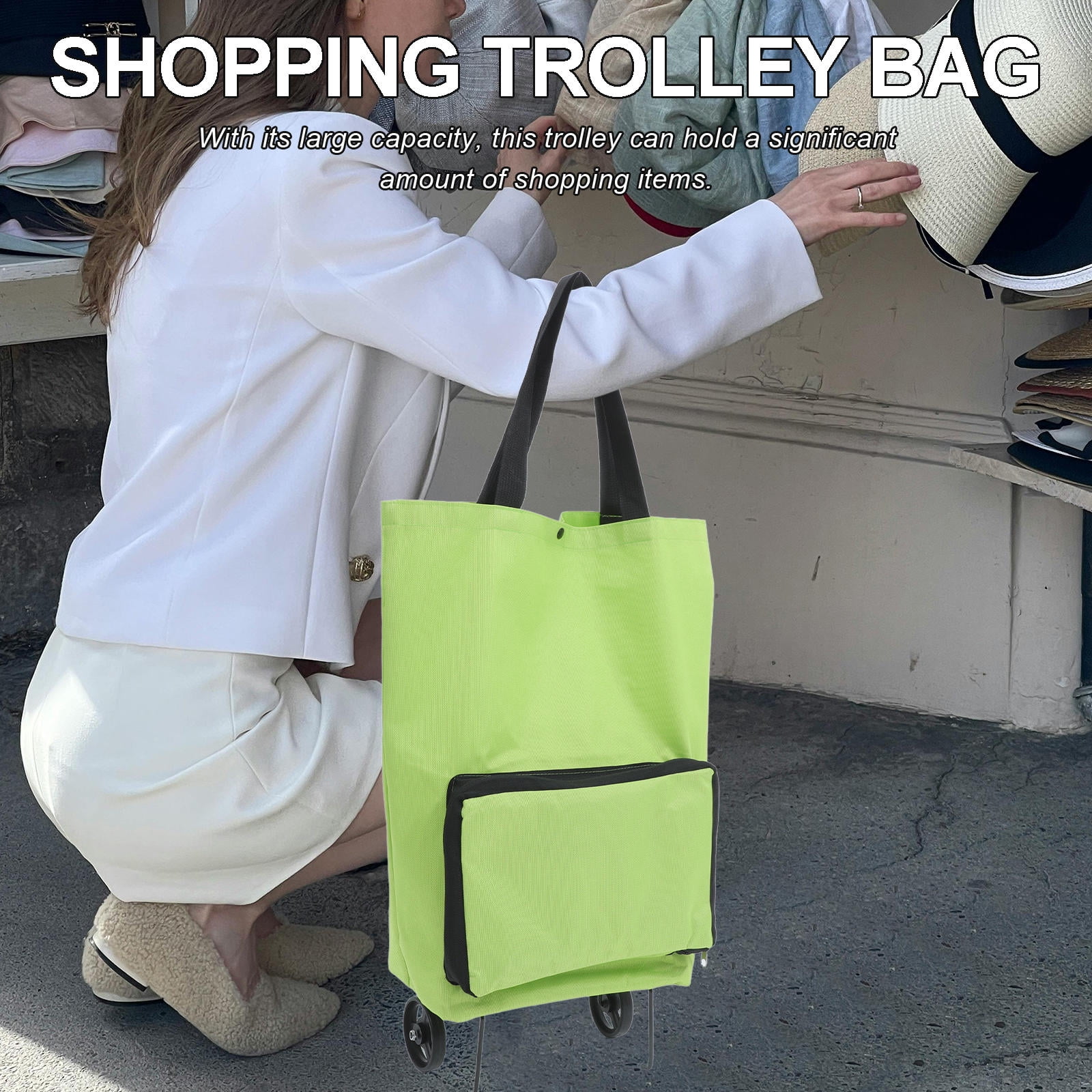 CHICHUMID Foldable Shopping Cart with Silent Wheels Large Capacity Light Green Oxford Cloth for Easy Storage