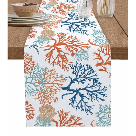 Ocean Coral Table Runner 48 Inches, Coastal Orange Blue Green Nature Abstract Bed Runner Dresser Scarves Tabletop for Indoor Outdoor Parties/Ceremony/Banquet, 13" x 48"