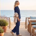 thumbnail image 6 of Women's Waffle Sets 2 Piece Batwing Sleeve Button Down Shirt Pants Outfit Casual Summer Vacation Clothing Navy XL, 6 of 7