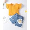 thumbnail image 2 of Toddler Girl Clothes Yellow Sleeveless Ruffle T-Shirt Tops Summer Outfits Daisy Printed Ripped Denim Shorts Sets 18-24 Months Girls Clothes, 2 of 6